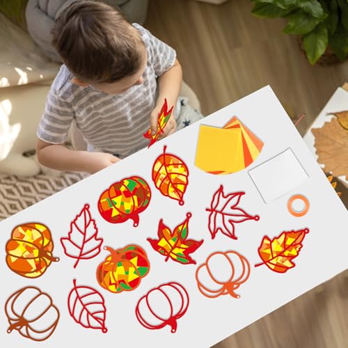 Qyeahkj 36 Set Fall Suncatchers Crafts for DIY Autumn Window Tissue Paper Crafts Kit Maple Leaves Pumpkin Hanging Decor for Thanksgiving Home Activity Art Project Birthday Party Favor Gift - style: Maple Leaves Pumpkin