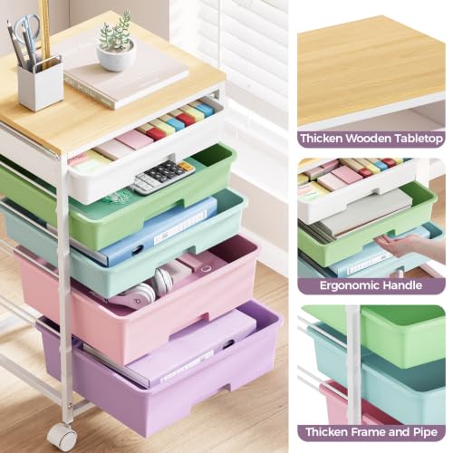 SYKIARIOL 5-Tier Rolling Cart with Drawers with Wooden Top, Ice Cream - color: Ice Cream