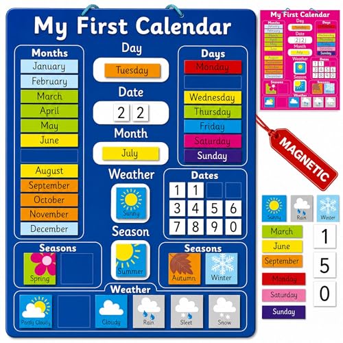 Fridge Magic Interactive Children's Magnetic Learning Calendar - Blue- Fun Educational Tool for Time, Seasons, and Weather Awareness - 40x32 cm with Easy Hang Loop - color: Blue