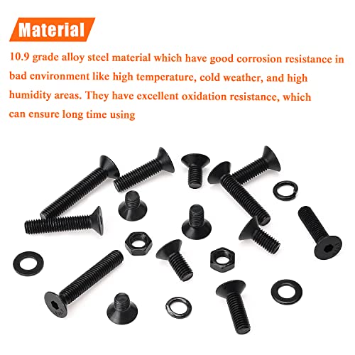 HELIFOUNER 240 Pieces M5 x 6mm /8mm /10mm /12mm /16mm /20mm /25mm, Countersunk Head Socket Cap Screws Bolts Washers Nuts Kit, 10.9 Grade Alloy Steel, Full Threaded, Black - size: M5, style: Countersunk Head