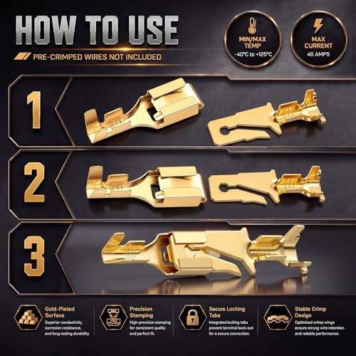 LEIFIDE 50 Pcs Electrical Terminals Kit Compatible with 56 Series, Gold - color: Gold