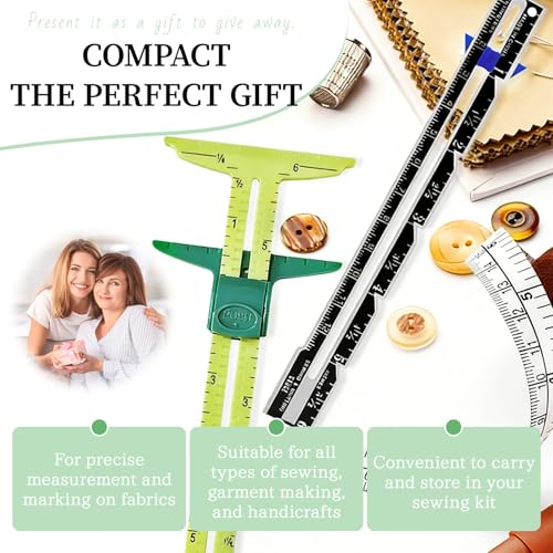 2PCS Sewing Gauge with Sliding Marker, 5-in-1 Measuring Sewing Tool, T-Shaped Fabric Ruler Sliding Gauge Hemming Ruler for Quilting Knitting Crafting, Sewing Tools for Beginners
