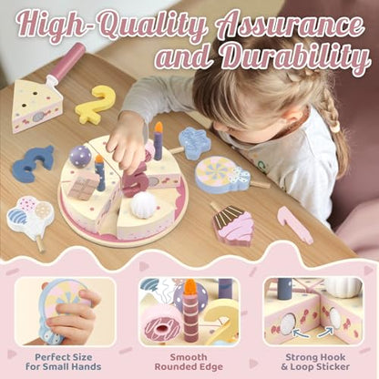 Wooden Birthday Party Cake Play Food Sets for 3 4 5 Year Old - color: Pink