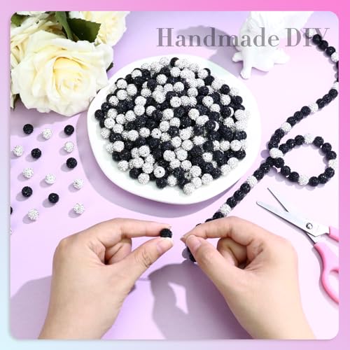 Dowarm 255PCS 10mm Rhinestone Beads for Baseball Rhinestone Necklace Bracelet Jewelry Making, Round Polymer Clay Beads for Crafts Beaded Pen, Shamballa Clay Pave Disco Diamond Bead, Black|White - color: 07-Black | White