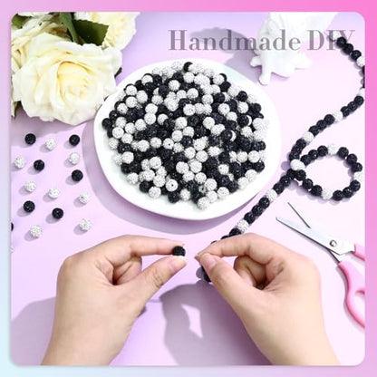 Dowarm 255PCS 10mm Rhinestone Beads for Baseball Rhinestone Necklace Bracelet Jewelry Making, Round Polymer Clay Beads for Crafts Beaded Pen, Shamballa Clay Pave Disco Diamond Bead, Black|White - color: 07-Black | White