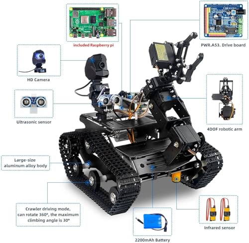 Smart WiFi Robot Kit with Raspberry Pi 5, 4DOF Robotic Arm Track Tank Chassis Robot Car with 2DOF HD Camera Ultrasonic Infrared Sensor, Programmable AI Robot Kit for Adults & Teens (Black) - color: Black