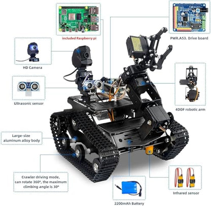 Smart WiFi Robot Kit with Raspberry Pi 5, 4DOF Robotic Arm Track Tank Chassis Robot Car with 2DOF HD Camera Ultrasonic Infrared Sensor, Programmable AI Robot Kit for Adults & Teens (Black) - color: Black
