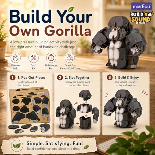 MierEdu Build 'N' Sound 3D Puzzle for Kids, Animal Puzzle with Sound Module, Educational STEM Craft Kit, FSC Paper Model Building Toy Gift for Ages 6+ - color: Silverback Gorilla