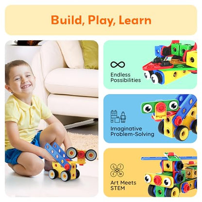 PicassoTiles 201pc STEM Learning Block Construction Kit with Power Drill and Clickable Ratchet Educational Engineering Toy Set Kids Age 3 Plus Preschool Activity Creative Play with Idea Book PTN201 - color: 201pcs Transformation