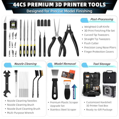 62pcs 3D Printer Tool Kit and Accessories with Hardshell Box incl. Long Nose Pliers, Flush Cutter, Metal/Plastic Scrapers, Finishing Files, for Bambu Lab A1/P1S/P1P, Flashforge & All FDM/SLA Printers - style: Maker Suite Pro
