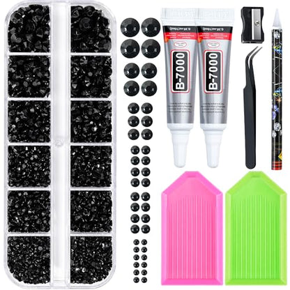 25000 Pcs Resin Jelly Rhinestones Kit, Black 2/3/4/5/6mm Flatback Rhinestones with 2 Pcs B7000 Jewelry Glue & Tools, All-in-One Bedazzling Kit for DIY Arts & Crafts Gifts - color: Black