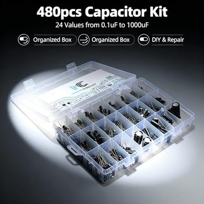 480pcs 24-Value Electrolytic Capacitor Kit 0.1uF-1000uF 10V 16V 25V 50V Capacitors Set Electronic Components for DIY Electronics Repair