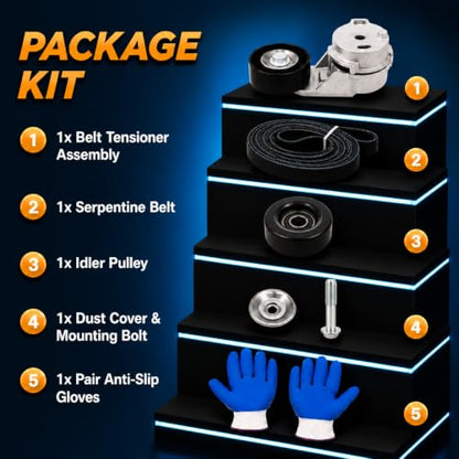Serpentine Belt Tensioner & Idler Pulley Kit with EPDM Belt Compatible with Chevrolet Trailblazer 2002-2009, GMC Envoy, Buick Rainier, Isuzu Ascender, Saab 9-7X, Bravada DOHC 4.2L, Replace 90K-38178 - size: 90K38178
