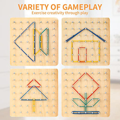 HEELWIRE Wooden Geoboard,Montessori Toy,Graphical Mathematical Education Toy for Kids with Pattern Cards and Rubber Bands to Figures and Shapes, Brain Teaser STEM Toy Geo Board (6 * 6 * 0.6 in) - size: 6*6*0.6 in