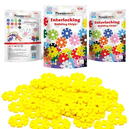 PicassoTiles Building Chip Interlocking Disc Construction Blocks in Yellow Color STEM Learning Early Education Toy Engineering Playset Child Brain Development for Toddlers Girls Boys Kid Age 3+ PTF108 - color: Ylw