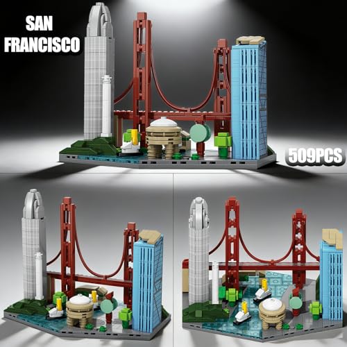 3 Famous World Architecture Skyline Collection Building Set, Paris, New York City, San Francisco Includes Golden Gate Bridge, Eiffel Tower etc, Ideal Valentine's Day Gift for Lover(1648PCS) - style: 3 Skyline-1