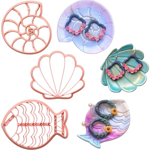 Trinket Cutter Set for Polymer Clay Display & Jewelry Styling – Fish, Shell & Spiral Shell Shapes | Shellfish-TRI - color: Shell+Fish+Spiral_shell