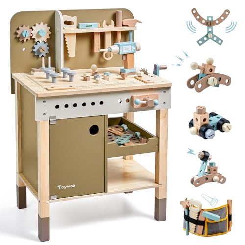 Kids Tool Set,Wooden Tools Bench with Apron Toddler Toy Workbench with Realistic Tools Electric Drill STEM Construction Toy Gifts for Age 3-9 Boys Girls - style: Wooden Tool Bench
