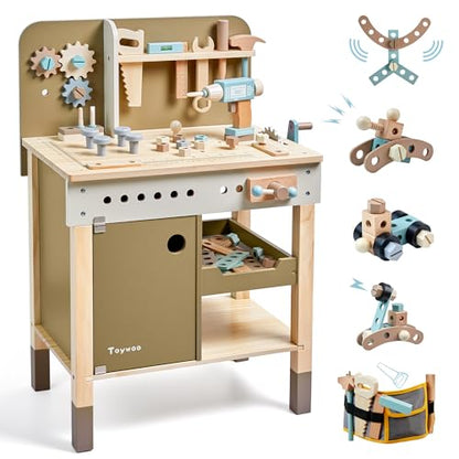 Kids Tool Set,Wooden Tools Bench with Apron Toddler Toy Workbench with Realistic Tools Electric Drill STEM Construction Toy Gifts for Age 3-9 Boys Girls - style: Wooden Tool Bench