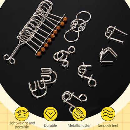 8 Pack Brain Teaser Puzzles Metal Wire Ring with Pouch, E Style - style: E Style