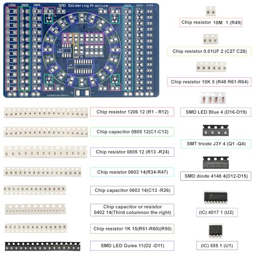 SMD/SMT Soldering Practice Kit for Beginners, 4 PCB Training Boards (Blue/Red/Green + Small Blue), Covers 1206/0805/0603/0402, 60W Soldering Iron, 2 Battery Boxes, Instructions, Complete Components - color: 60w Iron Kit With 4 Boards