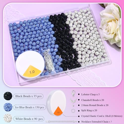 Dowarm 255PCS 10mm Rhinestone Beads for Baseball Rhinestone Necklace Bracelet Jewelry Making, Round Polymer Clay Beads for Crafts Beaded Pen, Shamballa Pave Diamond Bead, Ice Blue|White|Black - color: 11-Ice Blue | White | Black