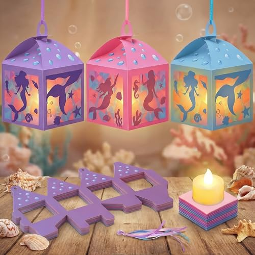 Simgoing 12 Sets Mermaid Tissue Paper Lantern Craft Kits with LED Candles - style: Mermaid
