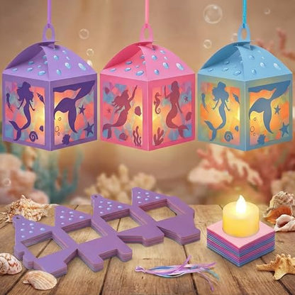 Simgoing 12 Sets Mermaid Tissue Paper Lantern Craft Kits with LED Candles - style: Mermaid