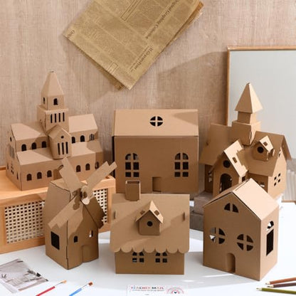 NUOBESTY 6 Pcs Cardboard Houses for Kids Crafts, Blank 3D Puzzle Village Kit to Paint and Color, DIY Paper Building Project for Indoor Art Activity