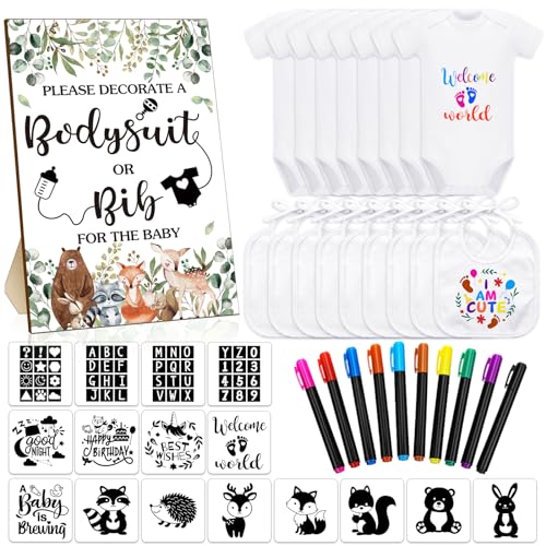 Chuarry 43 Pcs DIY Baby Bibs Decorating Kit 8 Bodysuits 8 Pcs 2 Ply White Bibs 10 Fabric Markers 16 Stencils Baby Shower Sign (Woodland Animals) - style: Woodland Animals