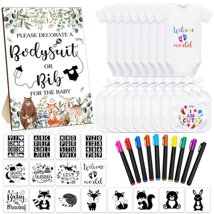 Chuarry 43 Pcs DIY Baby Bibs Decorating Kit 8 Bodysuits 8 Pcs 2 Ply White Bibs 10 Fabric Markers 16 Stencils Baby Shower Sign (Woodland Animals) - style: Woodland Animals