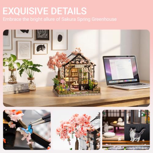 DIY Miniature House Kit, Fairy Dollhouse for Adults to Build, Mini Home Building Kit with Wooden Furniture & LED Lights,Garden Detials, Gift for Family and Friends (Spring Sakura Greenhouse) - color: Spring Sakura Greenhouse
