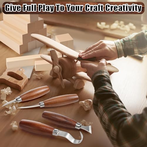Therwen 27 Pcs Wood Carving Kit, 5 Pcs Wood Carving Tools with Storage Bag, Whittling Kit with 18Pcs Whittling Blocks and 4 pre Shaped Spoon Blanks and Drawstring Carry Bag for Crafts Beginners