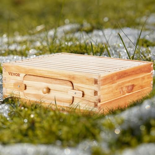 VEVOR 10 Frame Medium Super Bee Hive Box, Bee Box Dipped in 100% Beeswax, Langstroth Beehive Kit with 10 Frames and Foundations and Transparent Acrylic Windows for Beekeeping Supplement - size: Medium Super Box