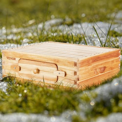 VEVOR 10 Frame Medium Super Bee Hive Box, Bee Box Dipped in 100% Beeswax, Langstroth Beehive Kit with 10 Frames and Foundations and Transparent Acrylic Windows for Beekeeping Supplement - size: Medium Super Box