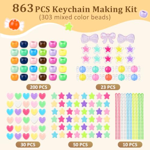 863 Pcs Keychain Making Kit, Alphabet Beads Craft Set with Storage Box
