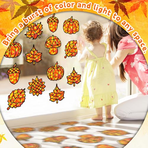 32 Sets Fall Thanksgiving Suncatchers Craft Kit DIY Window Stained Glass Effect Autumn Harvest Paper Crafts Home School Classroom Decoration Kid Birthday Gift Creative Art Project Activity Game - style: Fall