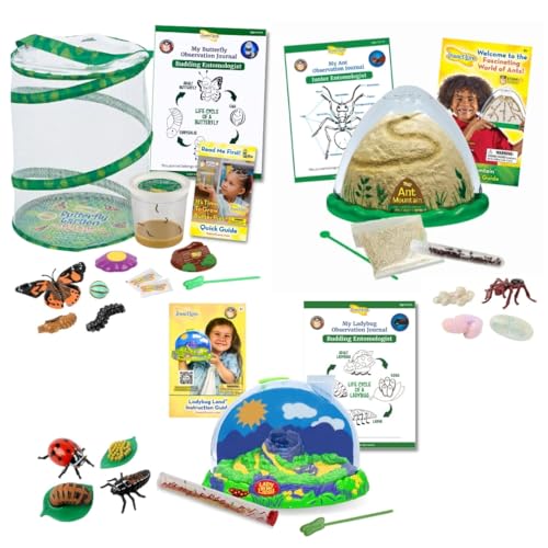 Insect Lore Bug Camp Bundle - Butterfly Kit with 5 Live Caterpillars, Ladybug Land with 1 Tube Live Larvae, Ant Mountain with 1 Tube Live Western Harvester Ants - Bonus Life Cycle Figurines & More