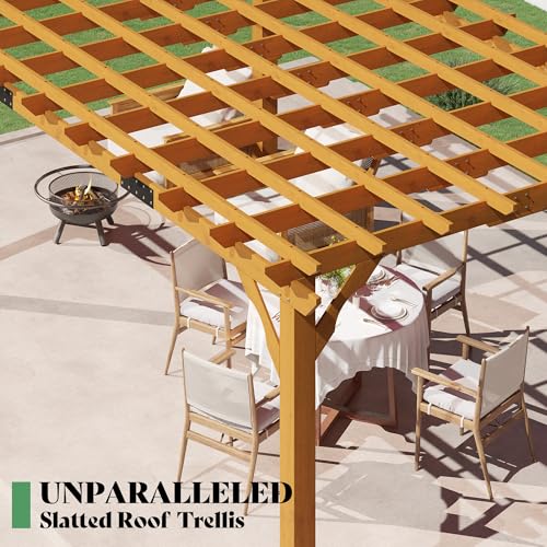 AMERLIFE 12x16 FT Outdoor Wooden Pergola, Large Solid Cedar Wood Pergola Kit with Slatted Roof Design, Heavy-Duty Frame for Backyard, Patio & Garden, Red-Brown Finish - size: 12x16 FT