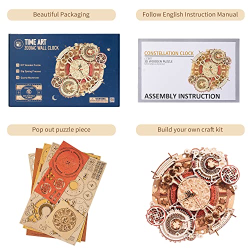 ROBOTIME 3D Wooden Puzzles for Adults, Models for Adults to Build Wooden Steampunk Clock Kit, DIY Mechanical Wall Quartz Aesthetic Room Decor Unique Gift