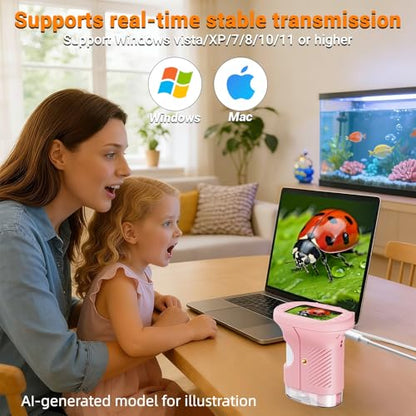 Pocket Kids Microscope, 1000X Handheld Microscope for Kids w/2.4'' Screen, Photo Video Mini Portable Microscopes Science Edu Digiscope, Christmas Birthday Gifts Ideas for Kids Ages 3-12 - color: Pink