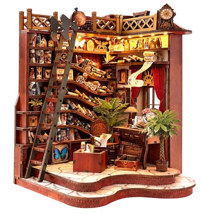 Book Nook Kit DIY Miniature House Kit for Adults, Winding Lane Library Mini Dollhouse with Furniture & LED Lights, 3D Wooden Puzzle Bookshelf Insert Decor, Creative Gift for Teens, Family & Friends - style: Dream Bookstore