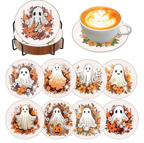 8 Pcs Diamond Art Coasters Kit for Adult with Holder, Diamond Coaster 4x4in - color: Ghost Coasters, size: 8 Pcs 4x4in