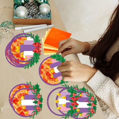 Qyeahkj 36 Set Christmas Advent Wreath Suncatchers Crafts for DIY Advent Candle Tissue Paper Craft Kit Hanging Decor for Xmas Holiday Home Activity Art Project Birthday Party Favor Gift - style: Christmas Advent Wreath
