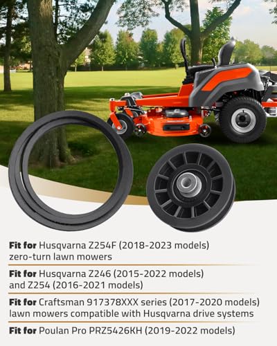 Drive Idler Pulley & Drive Belt Fit for Husqvarna Z254F Z246 Z254, Fit for Poulan Pro PRZ5426KH, Fit for Craftsman 917378XXX Series Lawn Mowers, Replace 539110311, 539110411