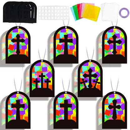 QOUBAI 32 Sets Cross Suncatchers Craft Kit DIY Religious Window Stained Glass Effect Christian VBS Paper Hanging Ornament Kid Easter Sunday School Birthday Gift Creative Art Project Activity Game - style: Window Cross