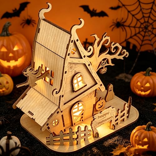 Halloween Witch House 3D Wooden Puzzle Kit - DIY Haunted House Building Model for Adults, Spooky Halloween Decorations, Fun Craft Gift for Teens