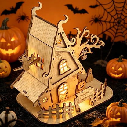Halloween Witch House 3D Wooden Puzzle Kit - DIY Haunted House Building Model for Adults, Spooky Halloween Decorations, Fun Craft Gift for Teens