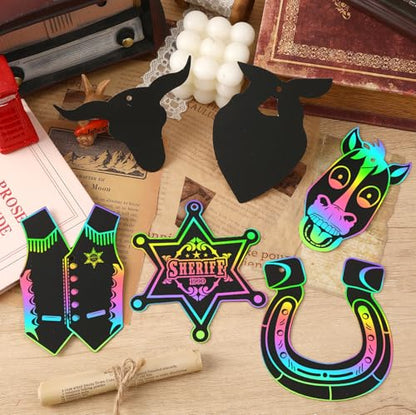 JULMELON 36Pcs Western Crafts for Kids, Cowboy Rainbow Scratch Art Cards - style: Western