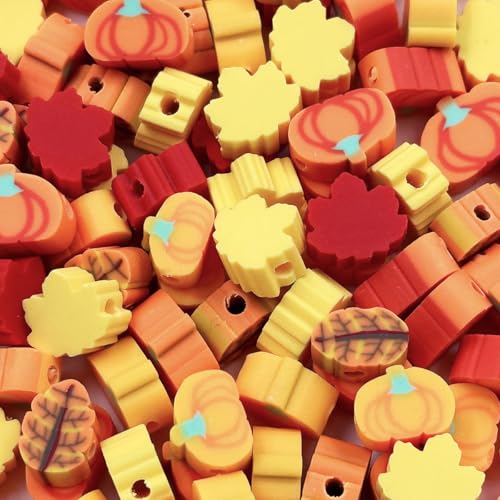 Polymer Clay Fall Pumpkin Maple Loose Spacer Beads, 10mm Thanksgiving Autumn Maple Leaves Pumpkin Beads Charms for DIY Hair Clip Necklace Bracelet Jewelry Earring Handmade Craft Making - color: maple pumpkin
